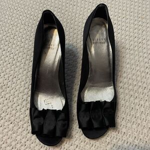 Stuart Weitzman black satin pleated open‎ toe pumps heels, size 7 1/2